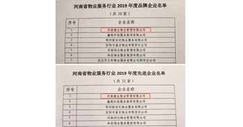 2019年12月27日，建業(yè)物業(yè)獲評由河南省物業(yè)管理協(xié)會授予的“河南省物業(yè)服務(wù)行業(yè)2019年度品牌企業(yè)”“河南省物業(yè)服務(wù)行業(yè)2019年度先進企業(yè)”榮譽稱號。